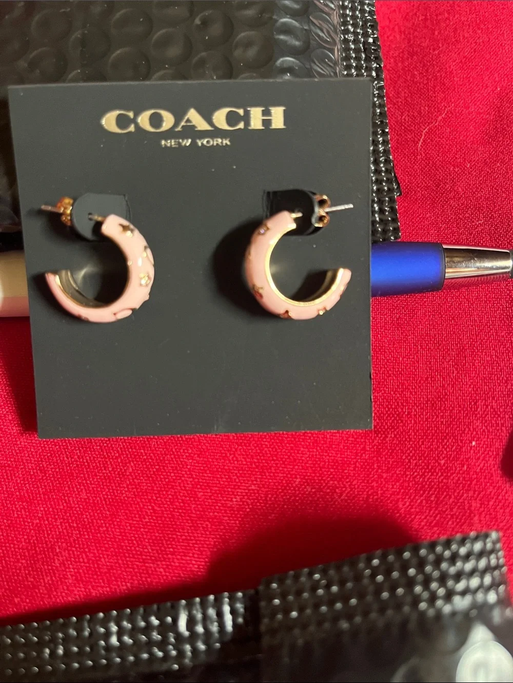 Coach Pink Enamel Crescent Hoop Earrings with Gold Accents